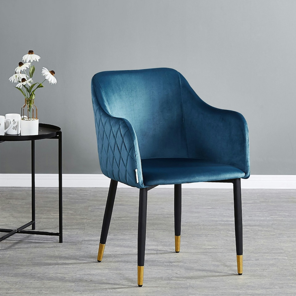 image 1 of Set of 2 Verona Velvet Dining Chairs with Quilted Back & Black Legs - Modern Accent Chair with Silver Foot Tips | Blue