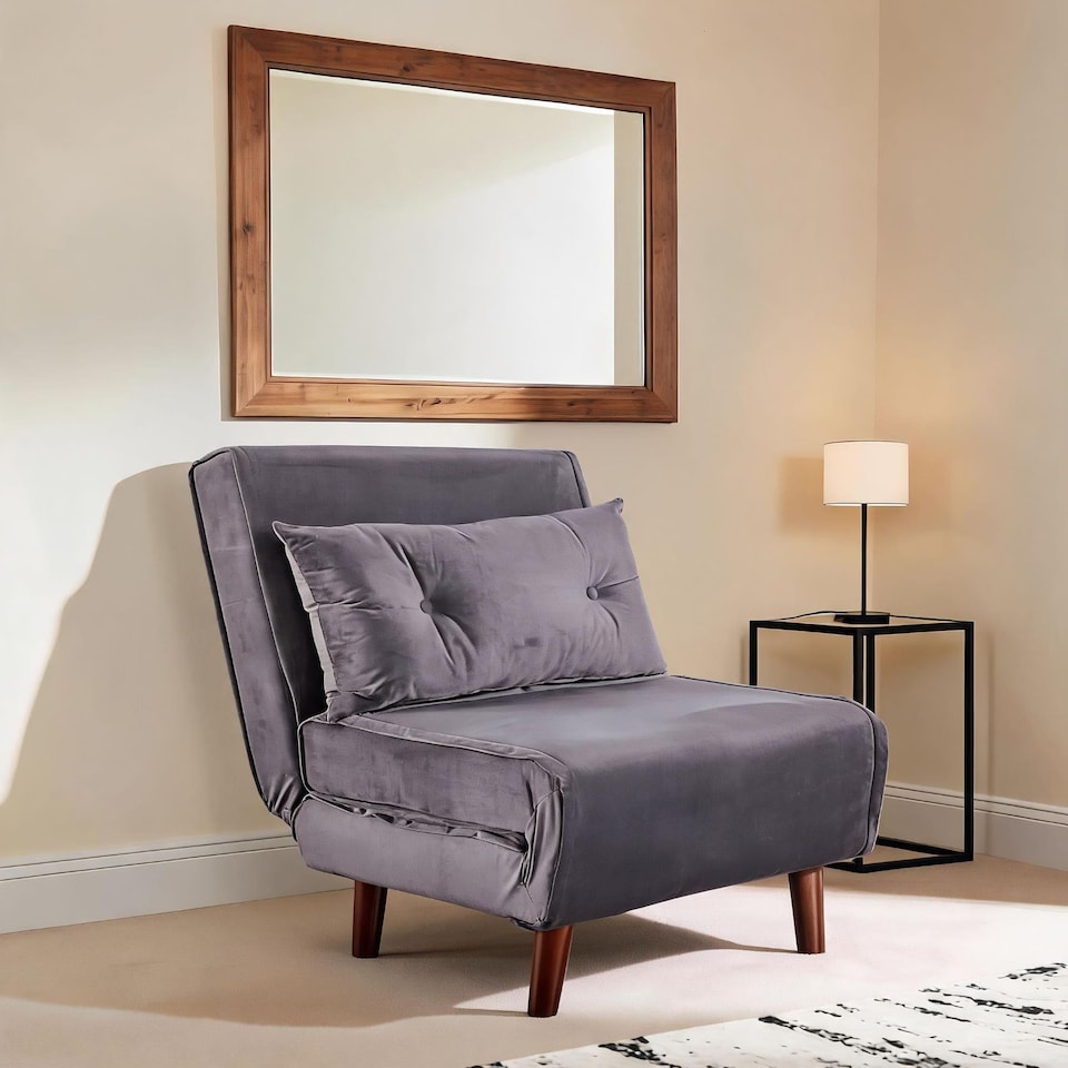image 1 of Single Sofa Bed Folding Chair Velvet Wooden Legs One Pillow | Grey | One Size