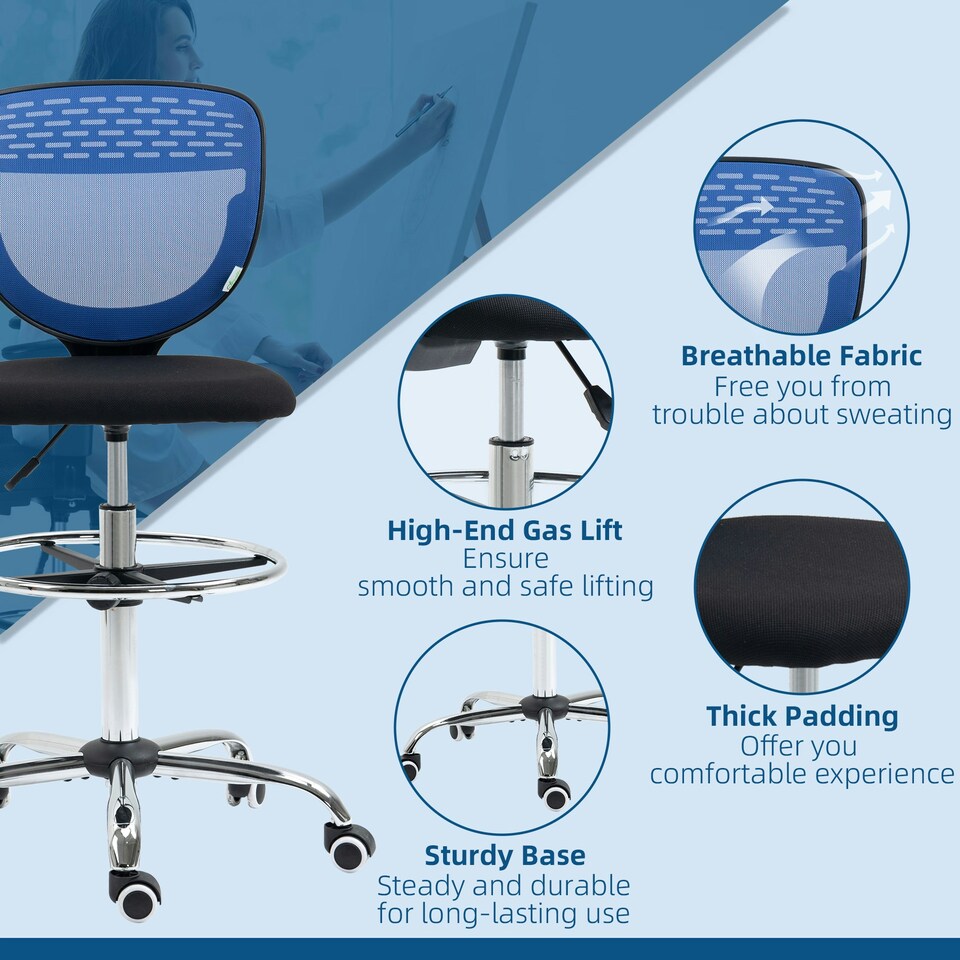 image 1 of Vinsetto Draughtsman Chair, Tall Office Chair with Lumbar Support, Blue