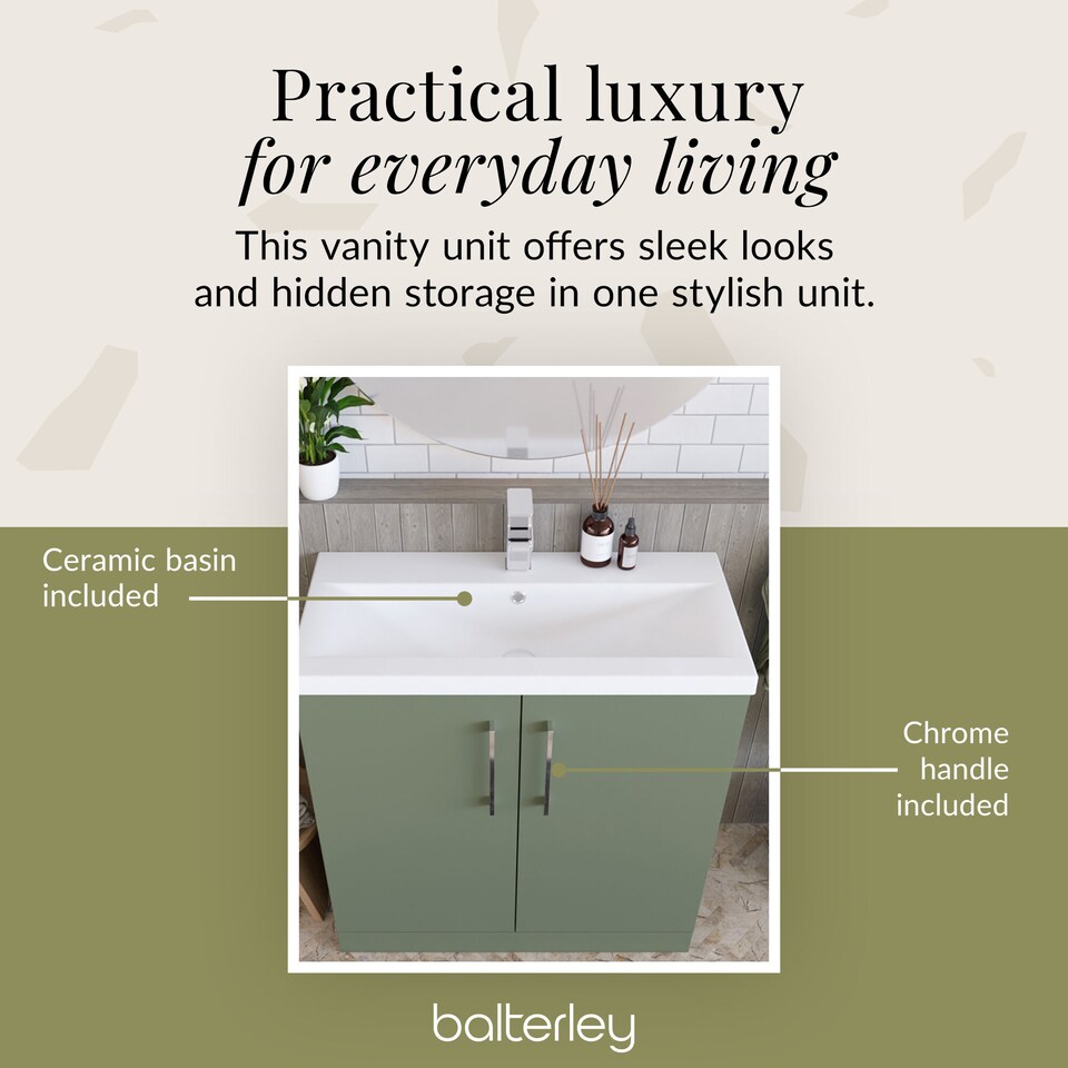 image 1 of Balterley Contemporary Bathroom Floor Standing 2 Soft-Close Door Vanity Unit & Mid-Edge Basin | Green | Satin Green