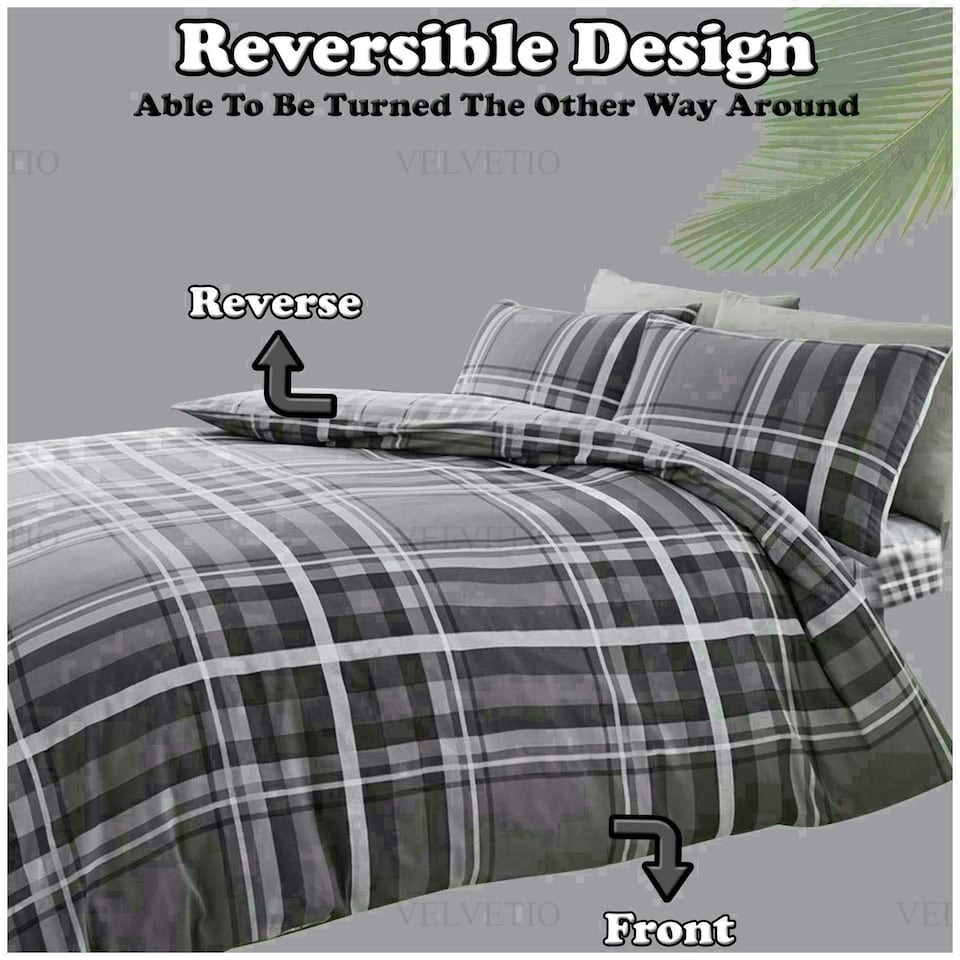 image 1 of Newton Tartan Check Duvet Cover Set Reversible Polycotton Beddings Grey | Double