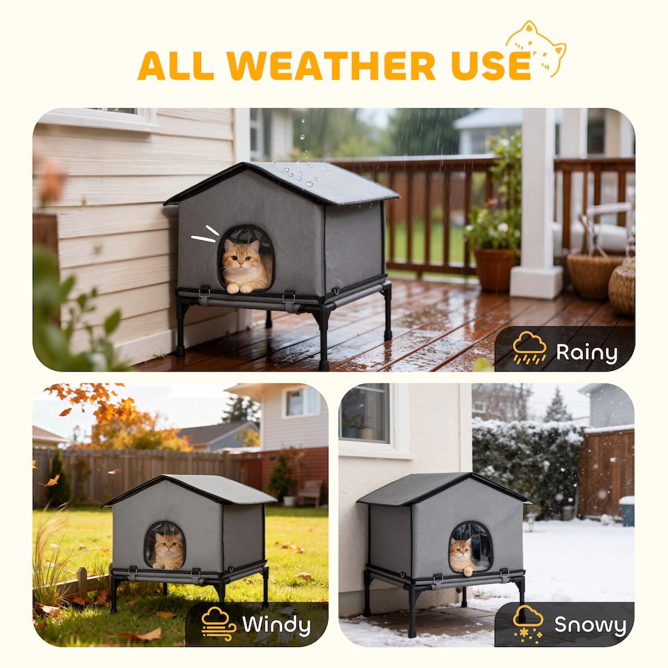 image 1 of PawHut Outdoor Cat House, Waterproof Insulated Cat Kennel with Elevated Base, Cushion, Foldable Feral Kitty Shelter for Indoor Outdoor Kittens, Grey