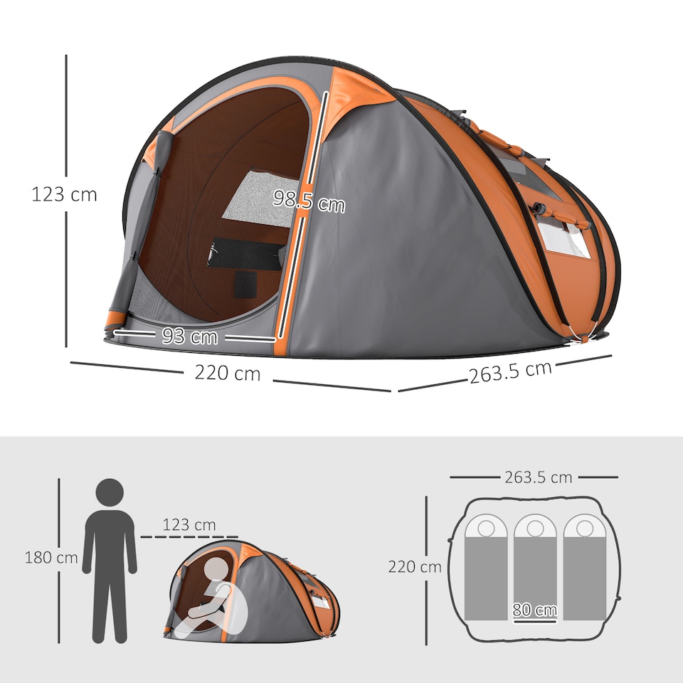 image 1 of Outsunny Camping Tent Dome Pop-up Tent with Windows for 3 Person Orange