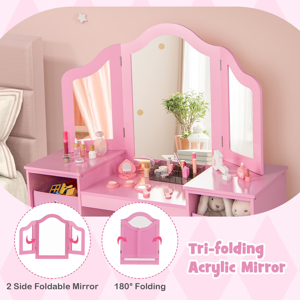 image 1 of COSTWAY Kids Vanity Desk & Chair 2 in 1 Toddler Makeup Pink