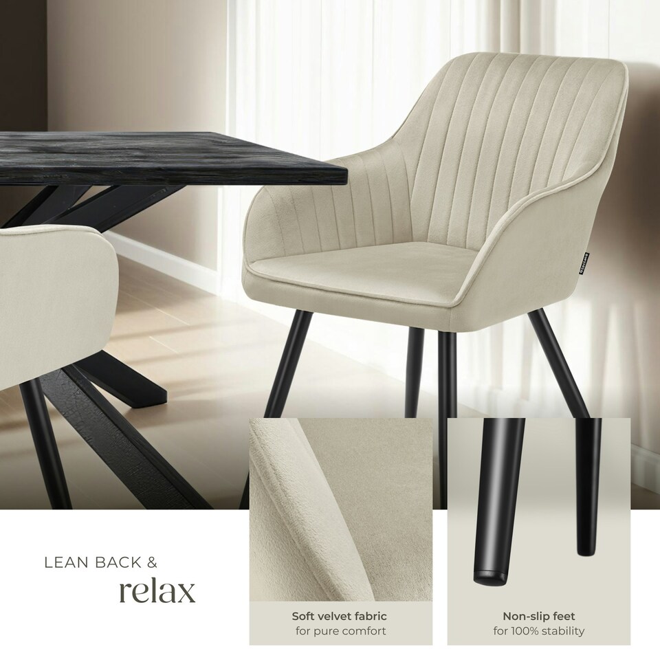 image 1 of Chair Marilyn - velvet look, quilted, continuous backrest, slim steel legs - Set of 2 Cream | Cream/Black