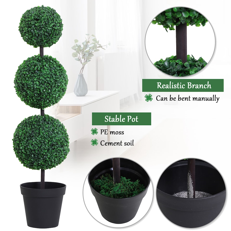 image 1 of Outsunny 2 PCS Artificial Boxwood Three Balls Tree Decorative Plant Leaves