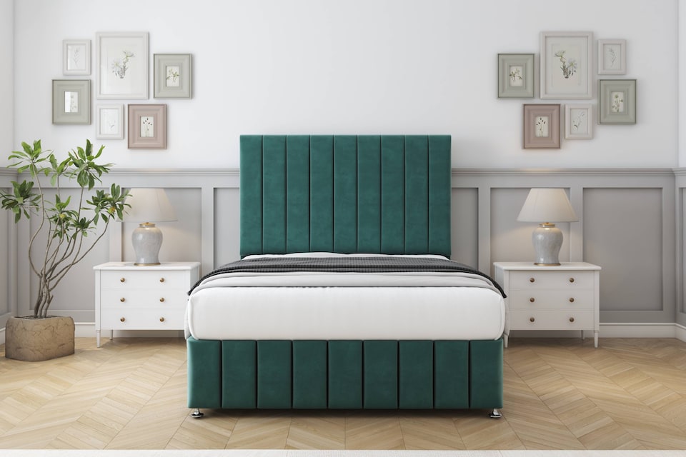 image 1 of Sloomy California Emerald Plush Divan Bed With Mattress 4 Drawers With 54" Floor Standing Headboard & 12" Matching Footboard 5' King | Green | Emerald | King | 1
