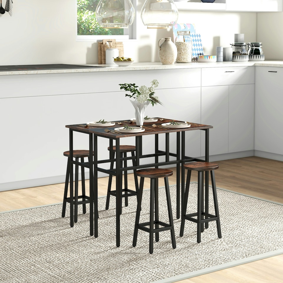 image 1 of HOMCOM 6-Piece Industrial Bar Table Set, 2 Kitchen Tables with 4 Stools, Brown