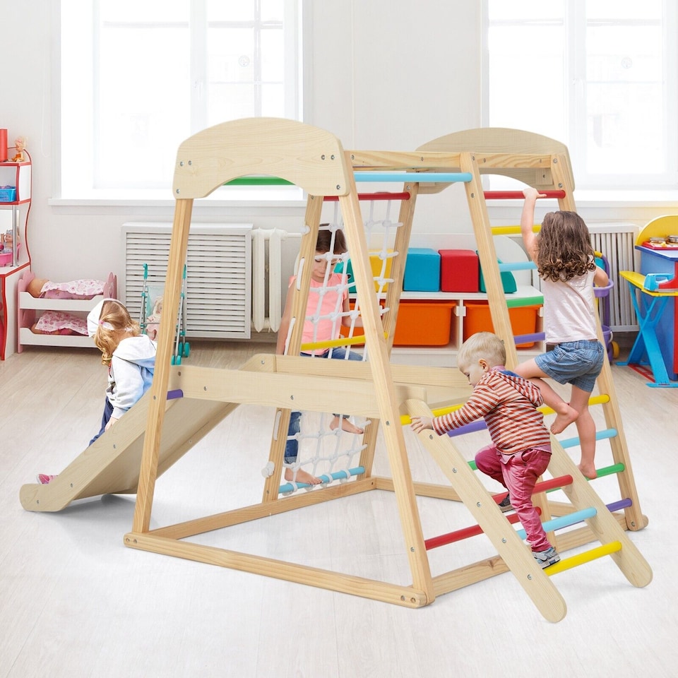 image 1 of COSTWAY 6 in 1 Wooden Climber Playset Kids Slide Jungle GymMonkey Bars Climbing Ladder