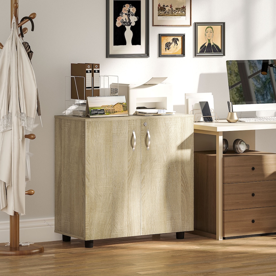 image 1 of Vinsetto Filing Cabinet with Locking Doors & Shelves, 2-Tier Lockable Storage Cabinet with 2 Keys for Home Office, 80W x 40D x 80H cm, Oak