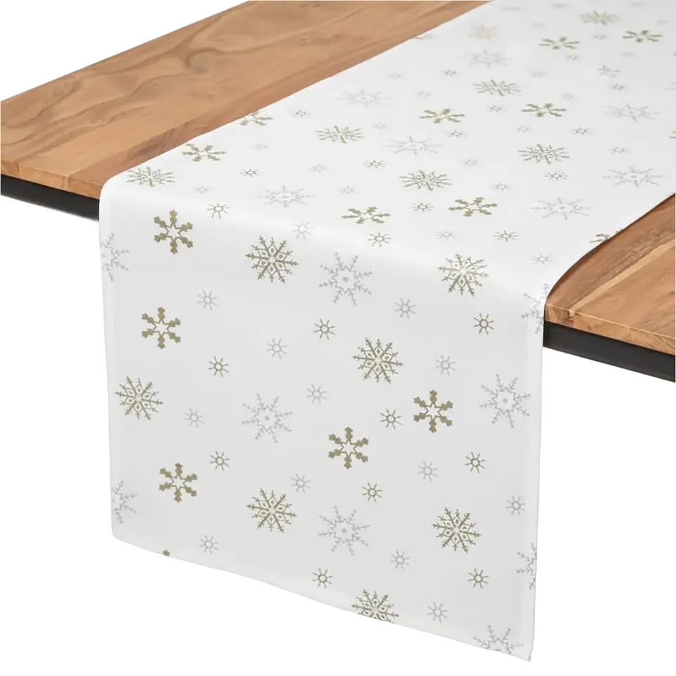 image 1 of Homescapes Cotton Christmas Gold Snowflake Table Runner - 44 x 178 cm | White