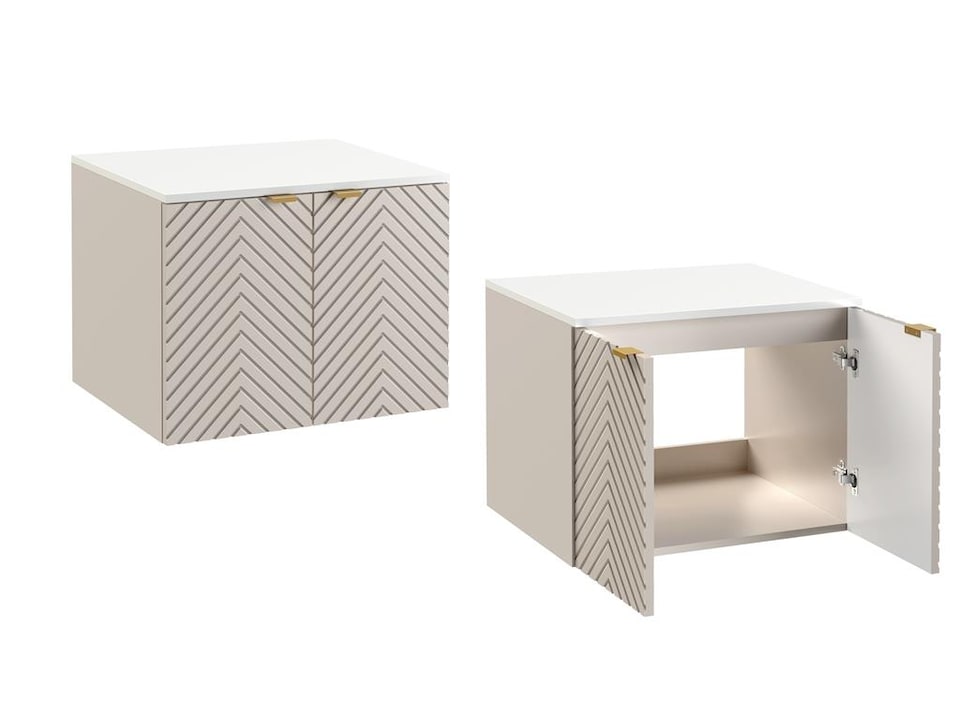 image 1 of Wall Hung Vanity Unit 600mm Bathroom Cabinet Ribbed Beige White Countertop Cara