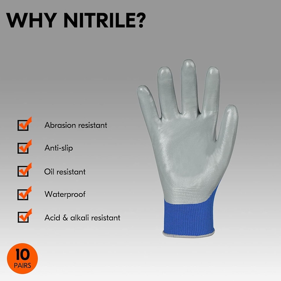 image 1 of Pack of 10 Nitrile Coated Safety Work Gloves | Protective Grip Gloves for Construction, Gardening, DIY & Warehouse Work | Reusable Breathable Work Gloves