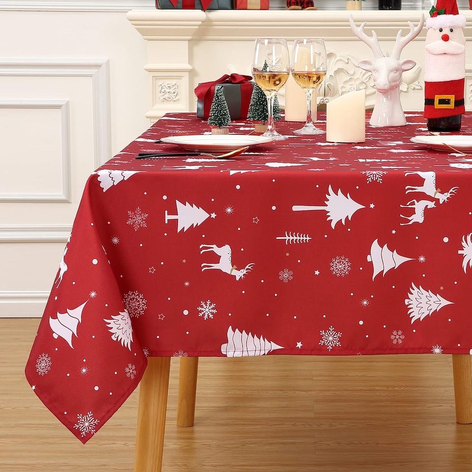 image 1 of London Boutique Christmas Tablecloth, Waterproof Spill‑Proof, Reindeer and Tree Print, Red, 54 x 54 in
