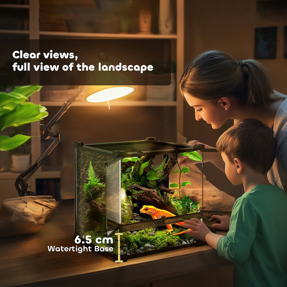 image 1 of PawHut 24L Glass Terrarium, Reptile Vivarium with Stone Background, Black