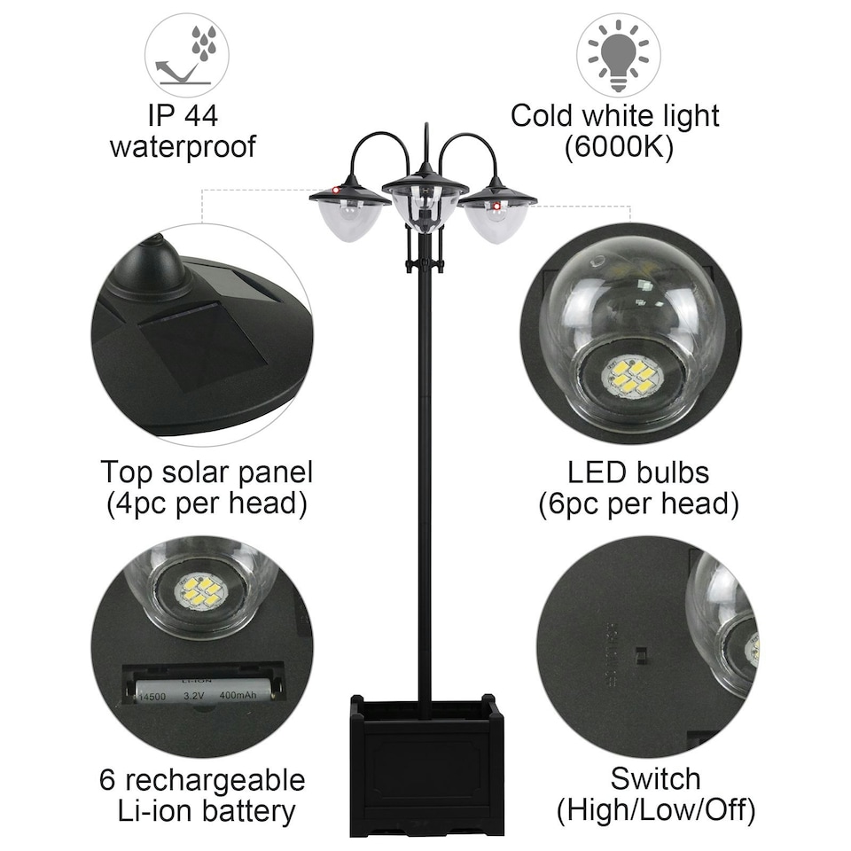 image 1 of Outsunny 3-head LED Solar Light Lamp Street Light Post with Planter Base, Black