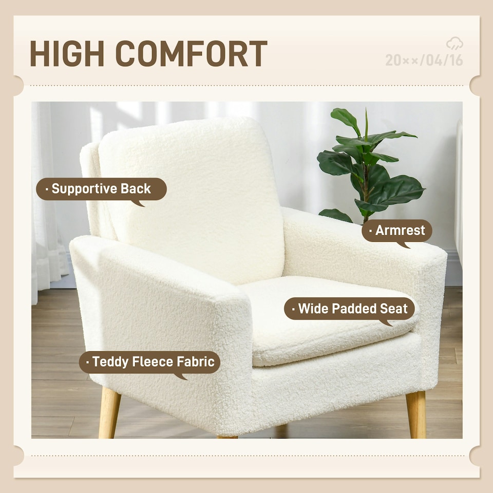 image 1 of HOMCOM Modern Accent Chair with Wood Legs, Wide Seat, Cream