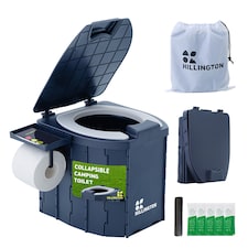 Hillington Portable Camping Toilet 150kg - Foldable with Padded Seat & Complete Accessory Kit - Blue