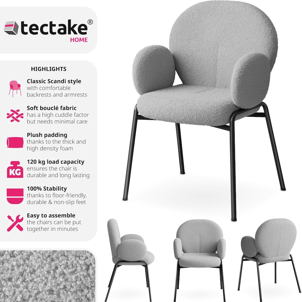 image 1 of Dining Chair - Boucle cover, plush padding, high backrest - Set of 2 Grey | Light Grey