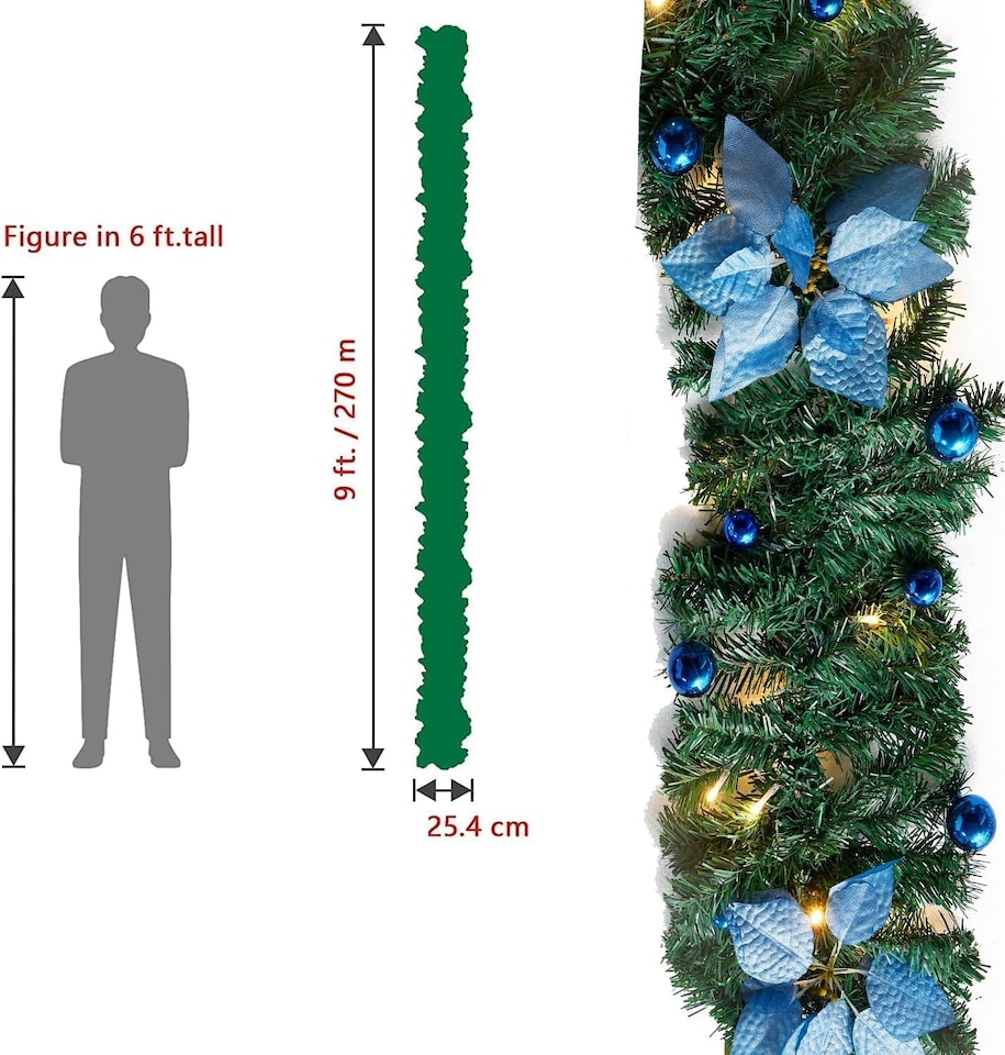 image 1 of 9FT Pre Lit Christmas Garland with Lights Door Wreath Xmas Fireplace Decor LED - Blue