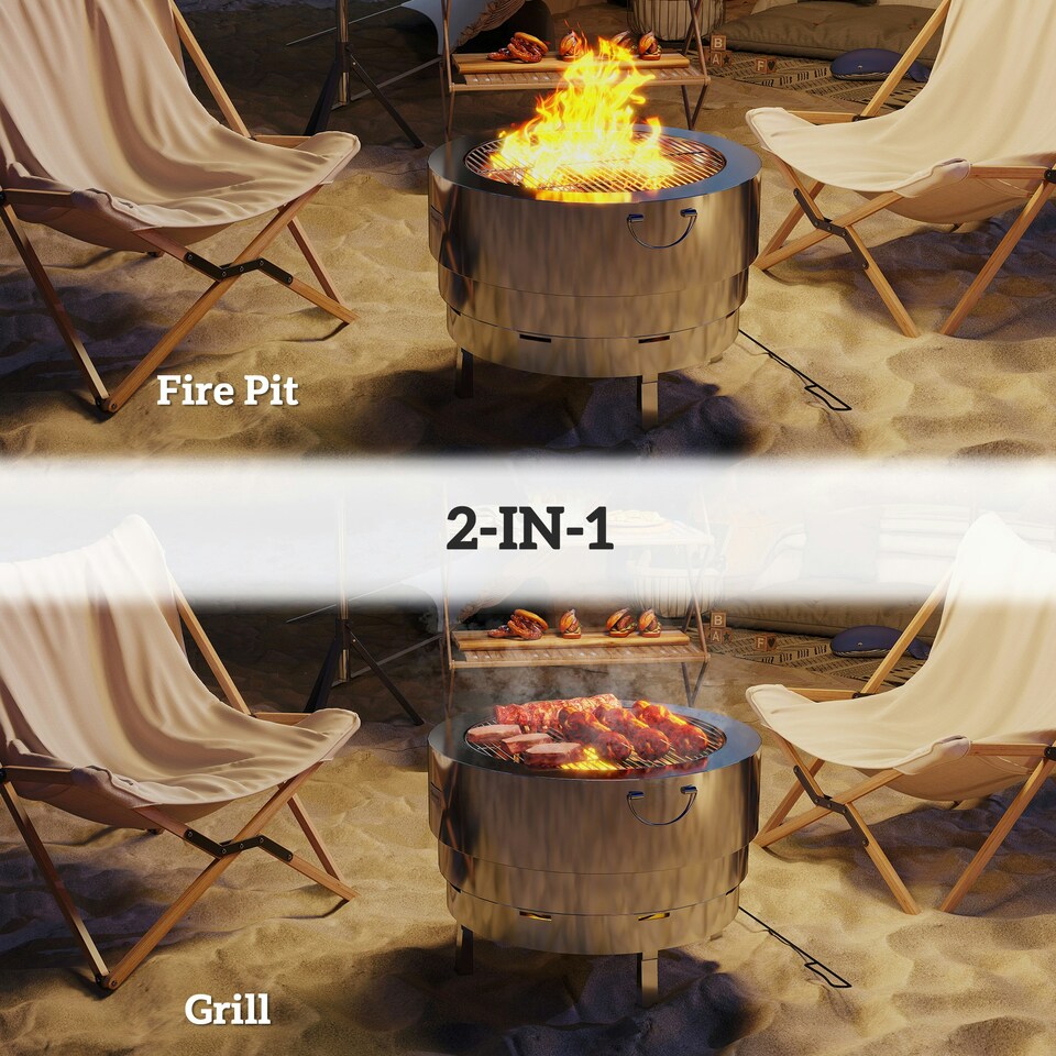 image 1 of Outsunny Round Fire Pit with Grill Net, Stainless Steel Firepit, Silver