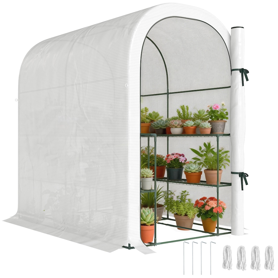 image 1 of Outsunny Walk-in Greenhouse Garden Plant Growhouse with Roll-up Door, White | White | White