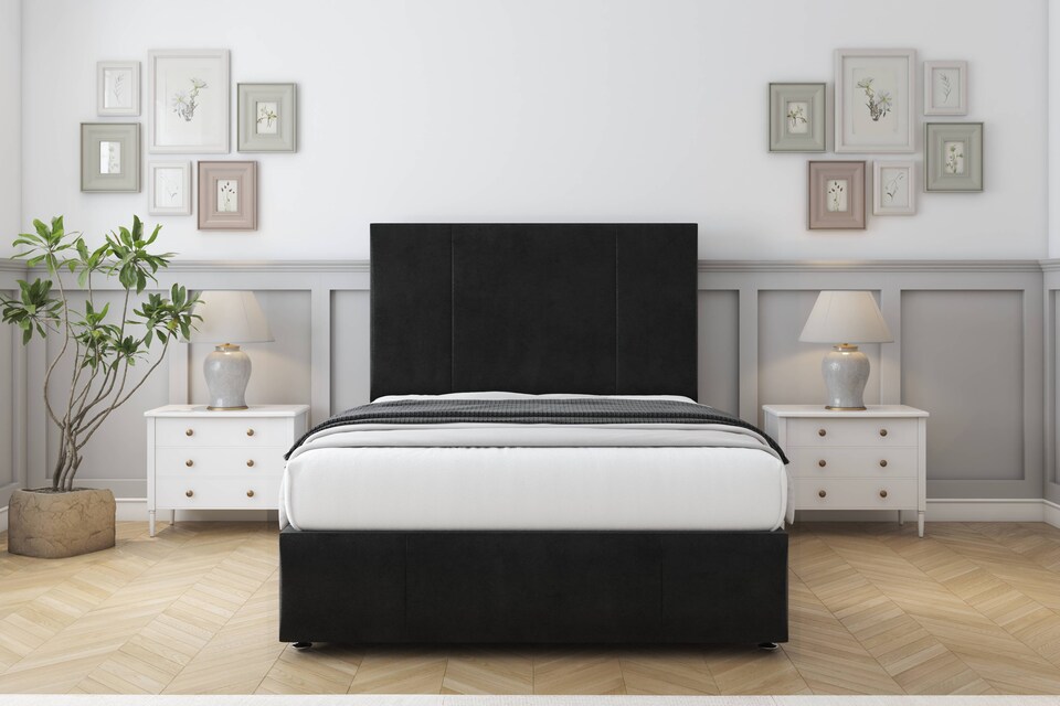 image 1 of Sloomy Lisbon Black Plush Divan Bed Base 2 Drawers Right Side With 26 Inch Strutted Headboard & 12 Inch Matching Footboard | Black | Black | King | 1