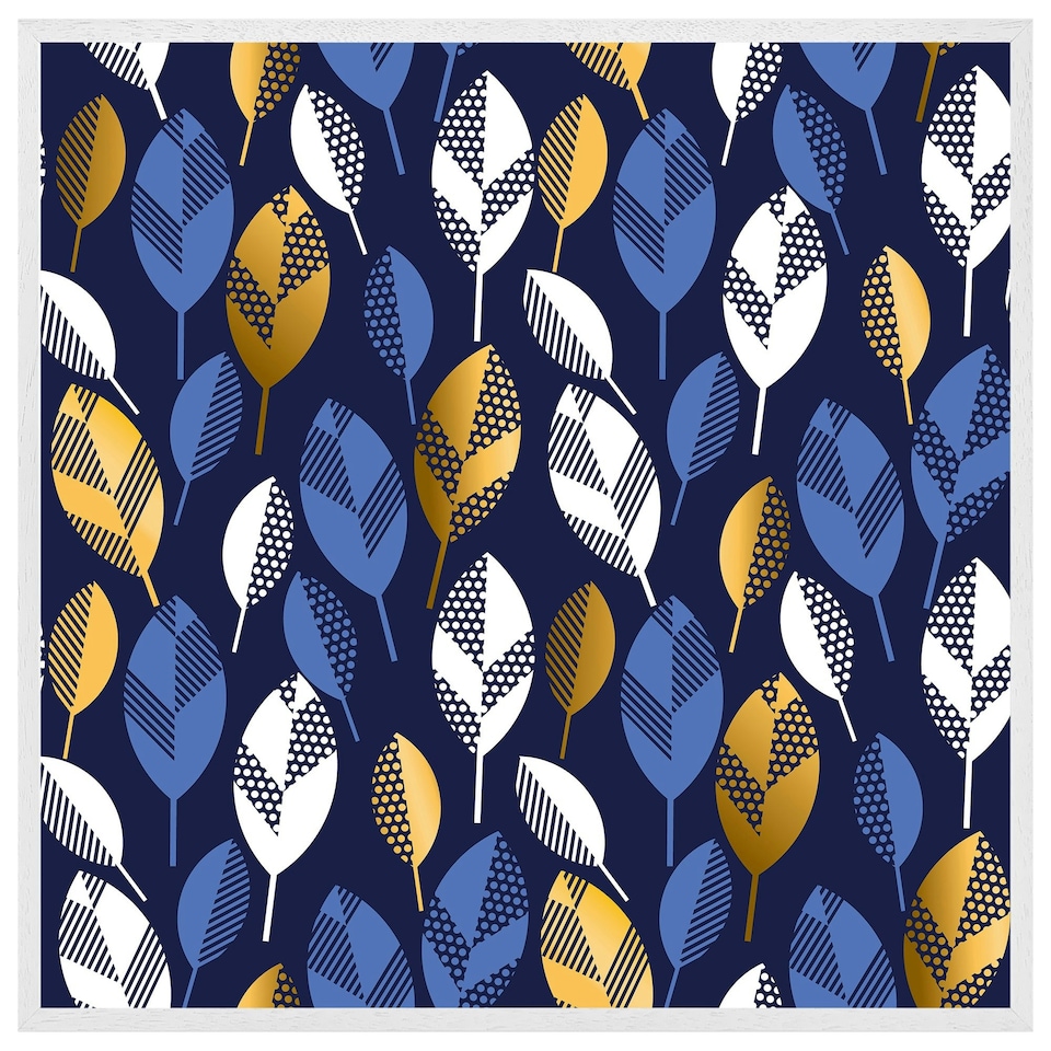 image 1 of White, blue & gold leaves on navy background (Picutre Frame) White | XL