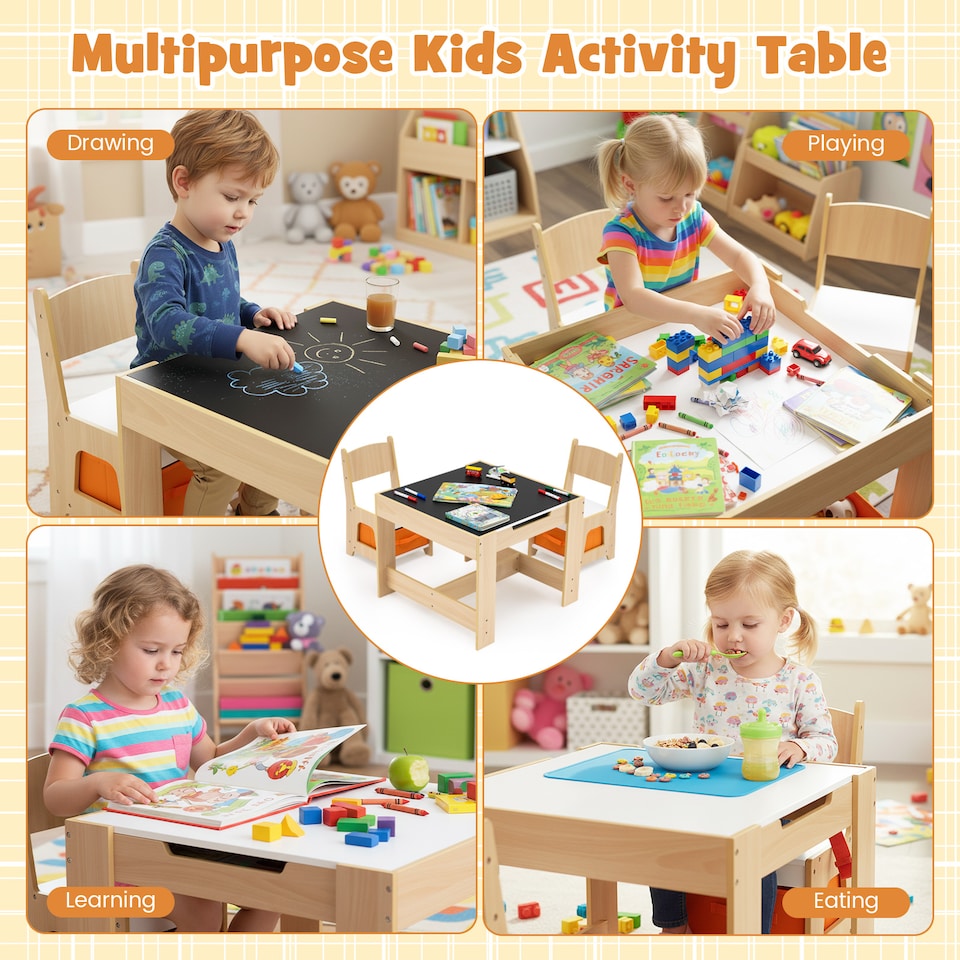 image 1 of COSTWAY Kids Table and Chairs Set Wooden Table Natural