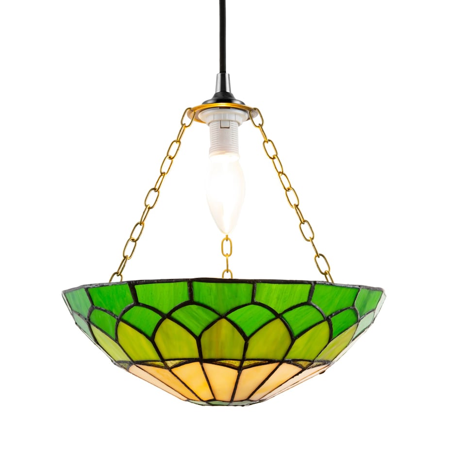 image 1 of Amber and Green Stained Glass Domed Tiffany Pendant Lamp Shade with Chain | Green