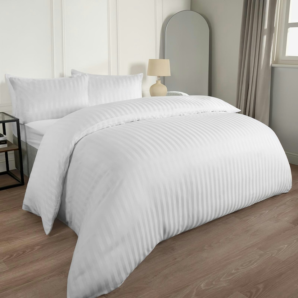 image 1 of OHS Satin Stripe Hotel Quality Duvet Cover and Pillowcase Set, King - White