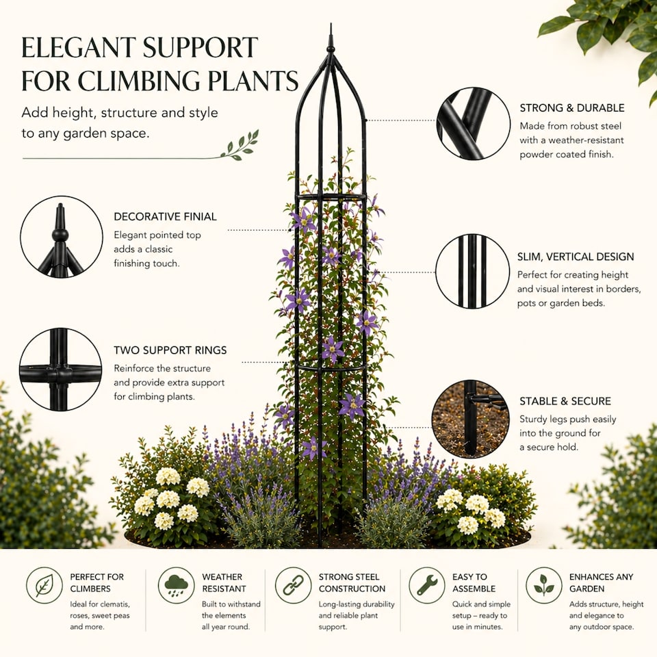 image 1 of Garden Obelisk for Climbing Plants 170cm - Metal Plant Cage Support Trellis Rose Tower for Flowers, Patio Pots, Shrubs, Borders