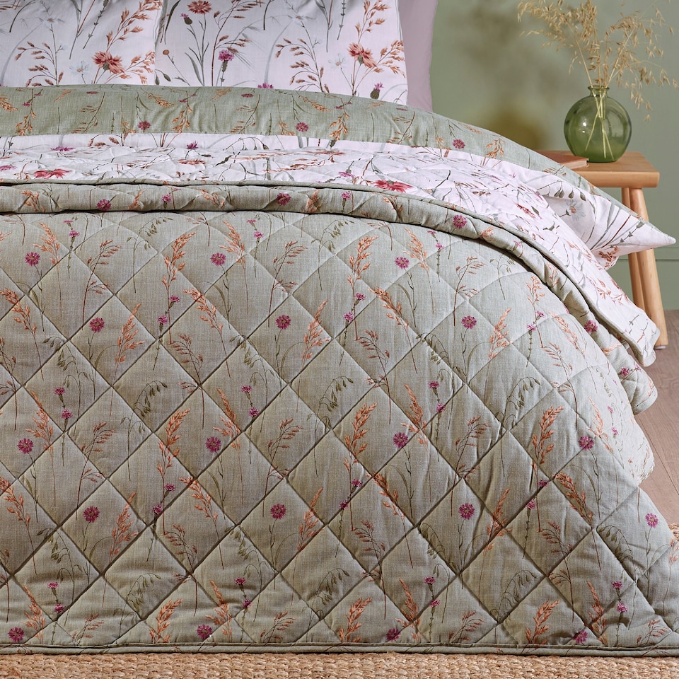 image 1 of Catherine Lansfield Brushed Grasmere Floral Cotton Reversible Quilted Bedspread