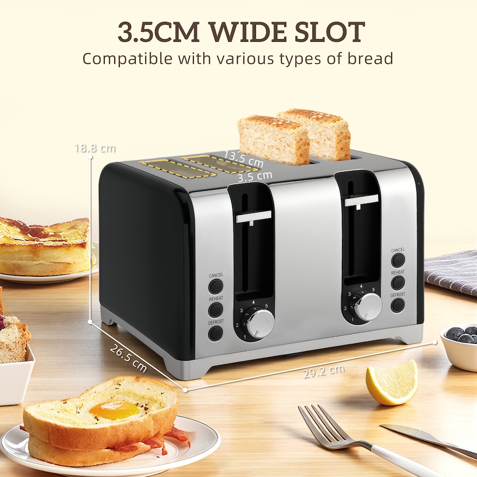 image 1 of HOMCOM Kettle and Toaster Set, 1.7L 3000W Rapid Boil Jug Kettle with Strix Thermostat, Limescale Filter, 4 Slice Toaster with 7 Browning Controls, Crumb Tray, Black | Black
