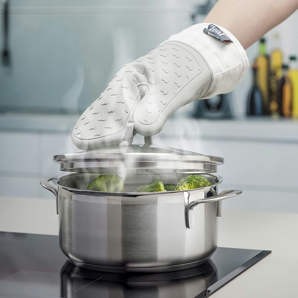 image 1 of Steam Stop™ Silicone Single Oven Glove, Gingham Grey | French Grey