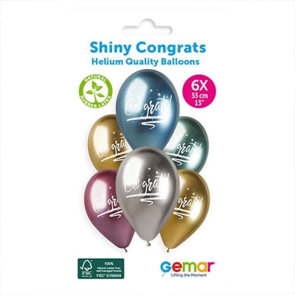 image 1 of Assorted Colour Congrats Shiny Metallic Latex Balloons 33cm / 13 in - Pack of 6