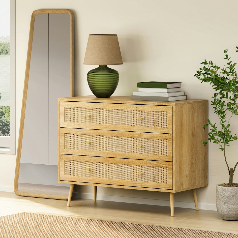 image 1 of VonHaus Rattan Chest of 3 Drawers Brown
