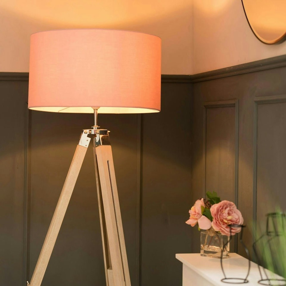 image 1 of ValueLights Clipper Light Brown Tripod Floor Lamp Large Pink Shade