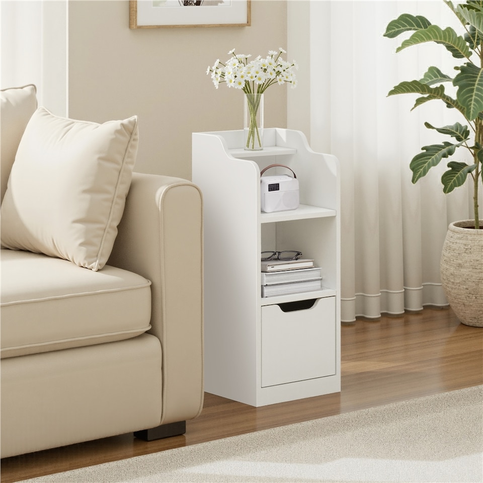 image 1 of Yaheetech Narrow Nightstand with Drawer-White | White | White | 25 cm W × 30 cm D × 65 cm H | 1