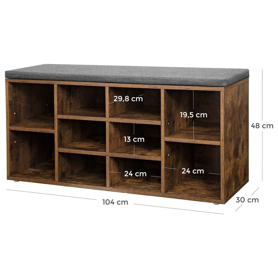 image 1 of 10-Compartment Entryway Shoe Storage Cabinet with Cushioned Seat, Rustic Brown and Grey