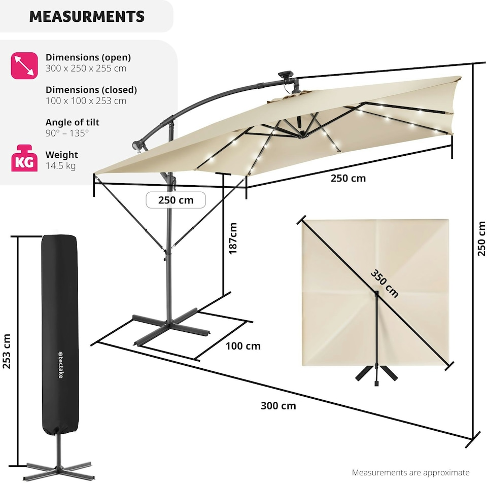 image 1 of Parasol Sunna - 250 x 250 cm with LED solar lighting, with protective cover Cream | Beige