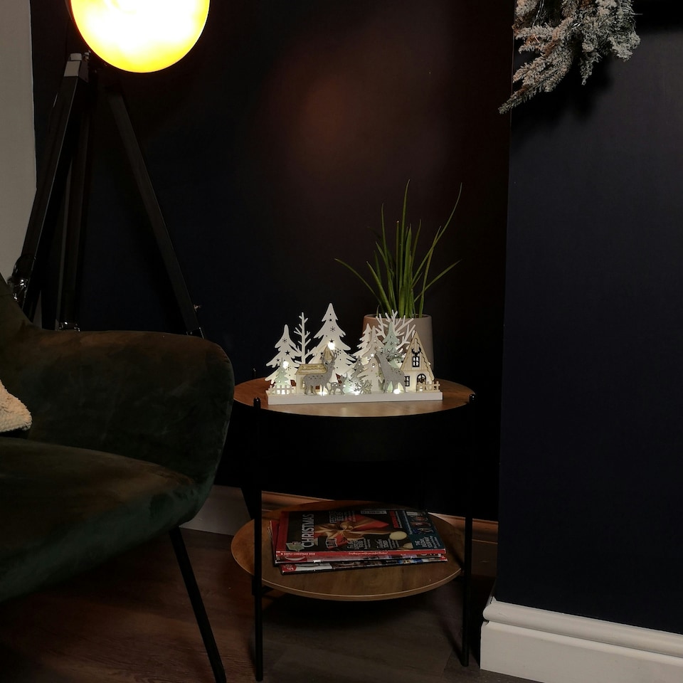 image 1 of 30cm Battery Operated Indoor Christmas Wooden Village & Reindeer Scene with Warm White LEDs