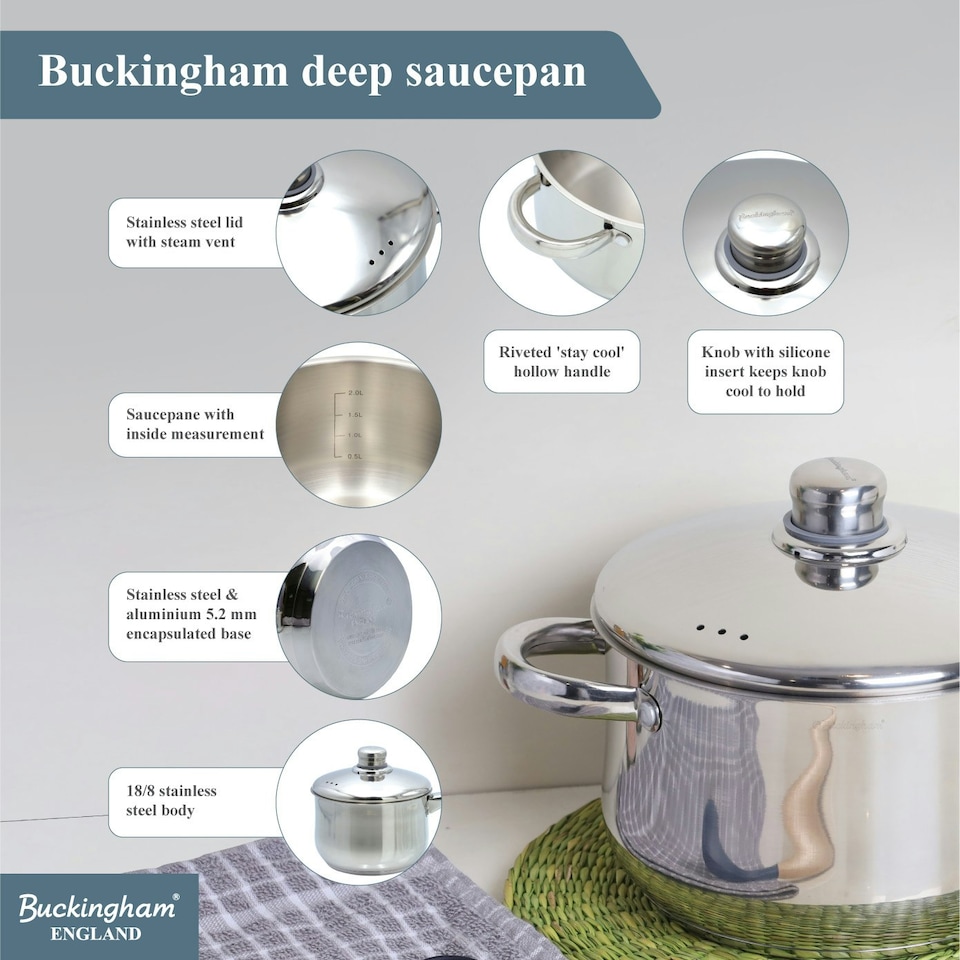 image 1 of Buckingham Deep Saucepan Stainless Steel 20 cm / 3.8 Litre Silver