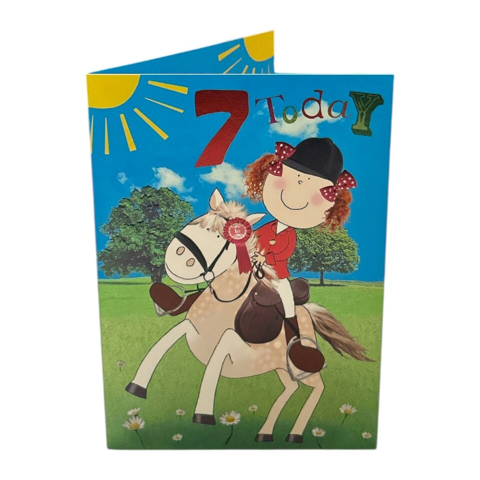 image 1 of Age 7 Juvenile Girl Riding a Horse Birthday Card
