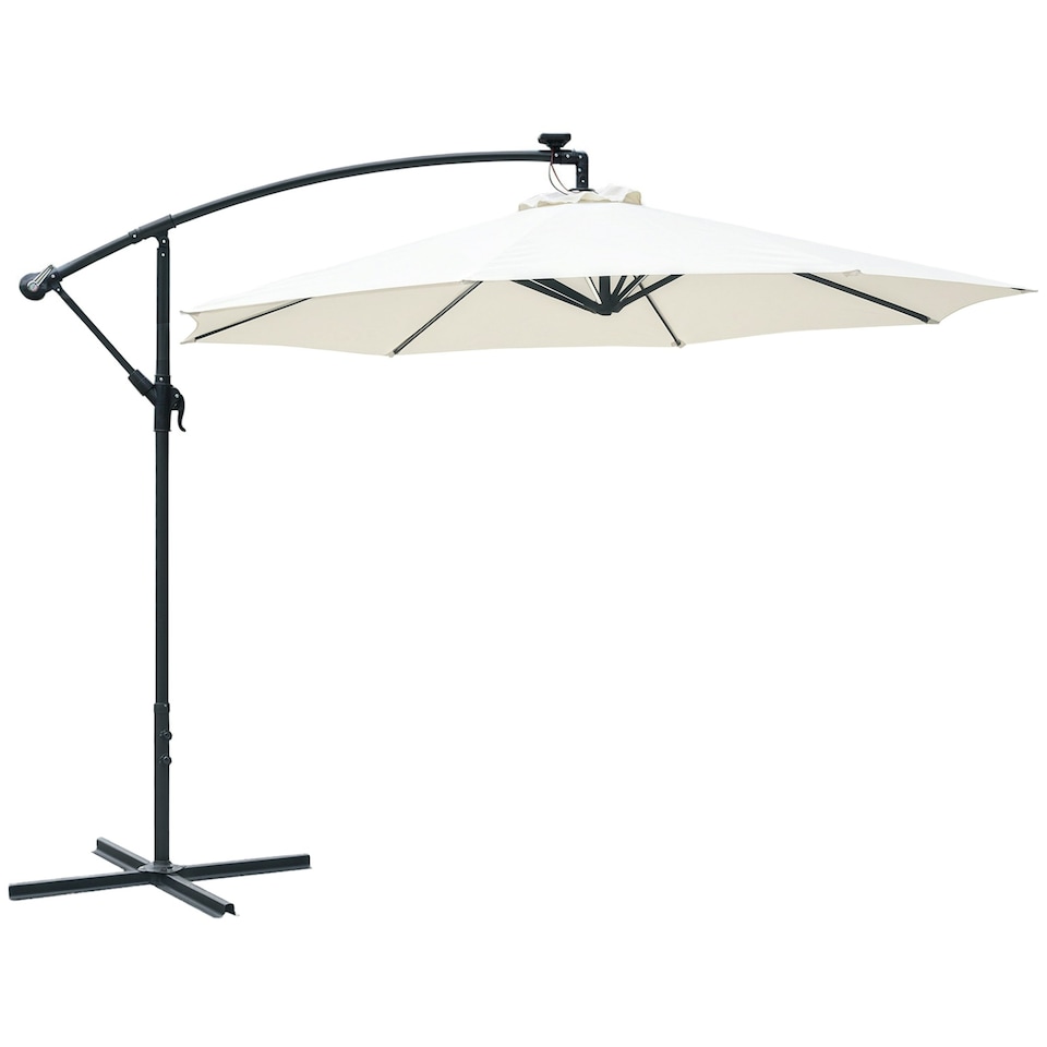 image 1 of Outsunny 3(m) LED Patio Banana Umbrella Cantilever Parasol w/ Crank, Off-White