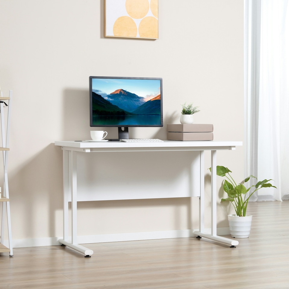 image 1 of HOMCOM Computer Desk Writing Table with 2 Cable Management Holes Metal Leg White
