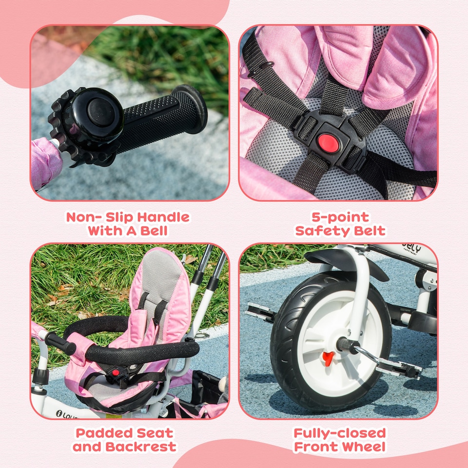 image 1 of HOMCOM 6 in 1 Trike, Kids Tricycle, Pedal Push Bike with Parent Handle, Removable Canopy, 5-Point Safety Belt, Storage, Footrest, Brake, for 1-5 Years Toddler, Pink