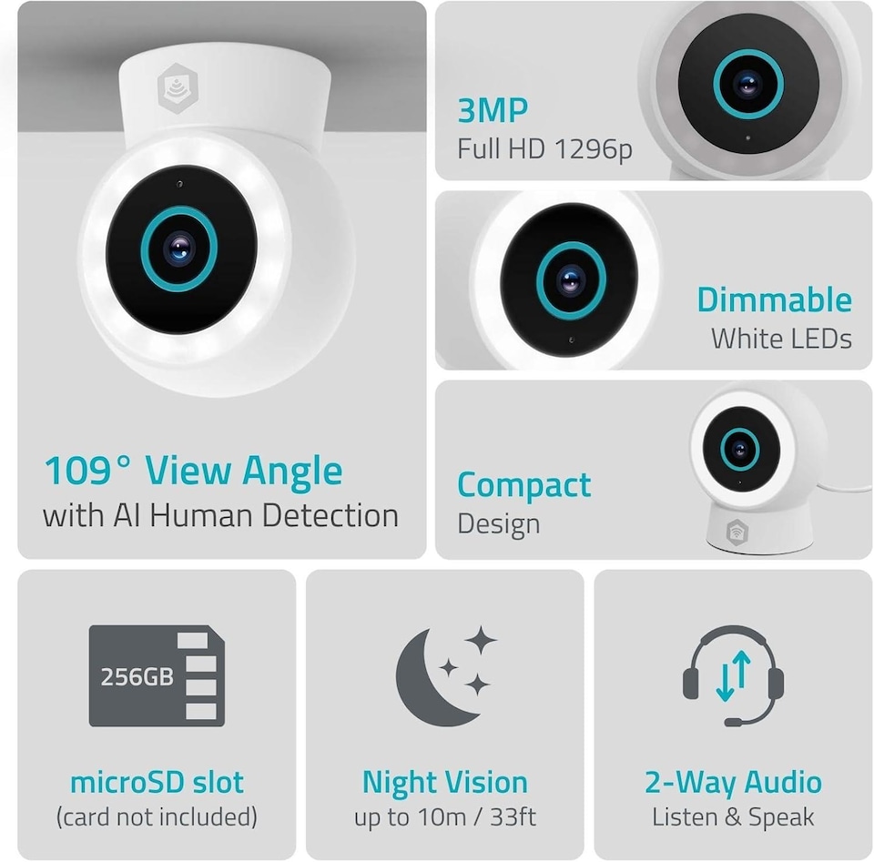 image 1 of NEDIS Wi-Fi Smart Outdoor Camera, 3MP 1296p, Motion Sensor, AI Human Detection, Dimmable Spotlight Full-Colour Night Vision, Two-Way Audio, IP65 Weatherproof - White