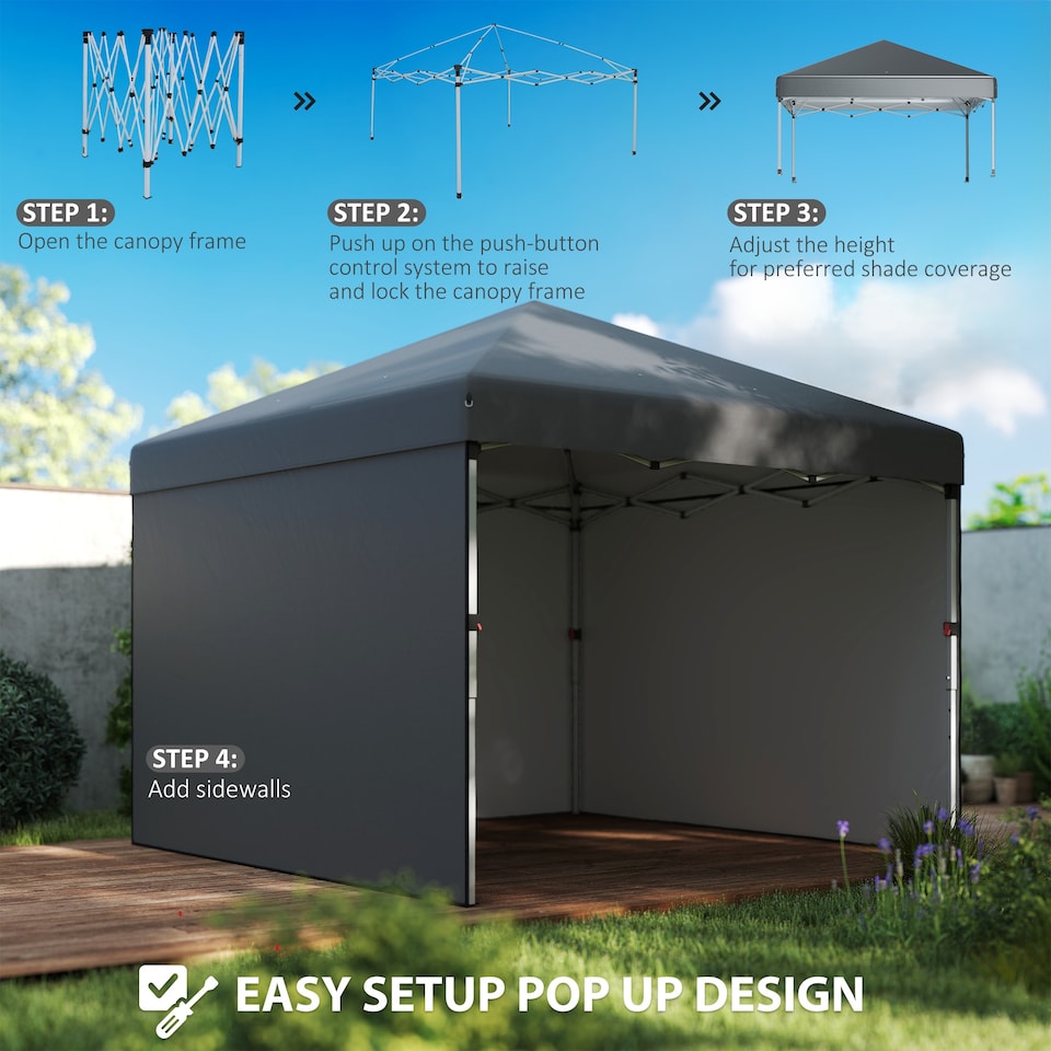 image 1 of Outsunny 3 x 3 M Pop Up Gazebo, UPF 30 with 2 Sidewalls, Leg Weight Bags and Wheeled Bag, Height Adjustable Party Tent Event Shelter for Garden, Patio, Dark Grey