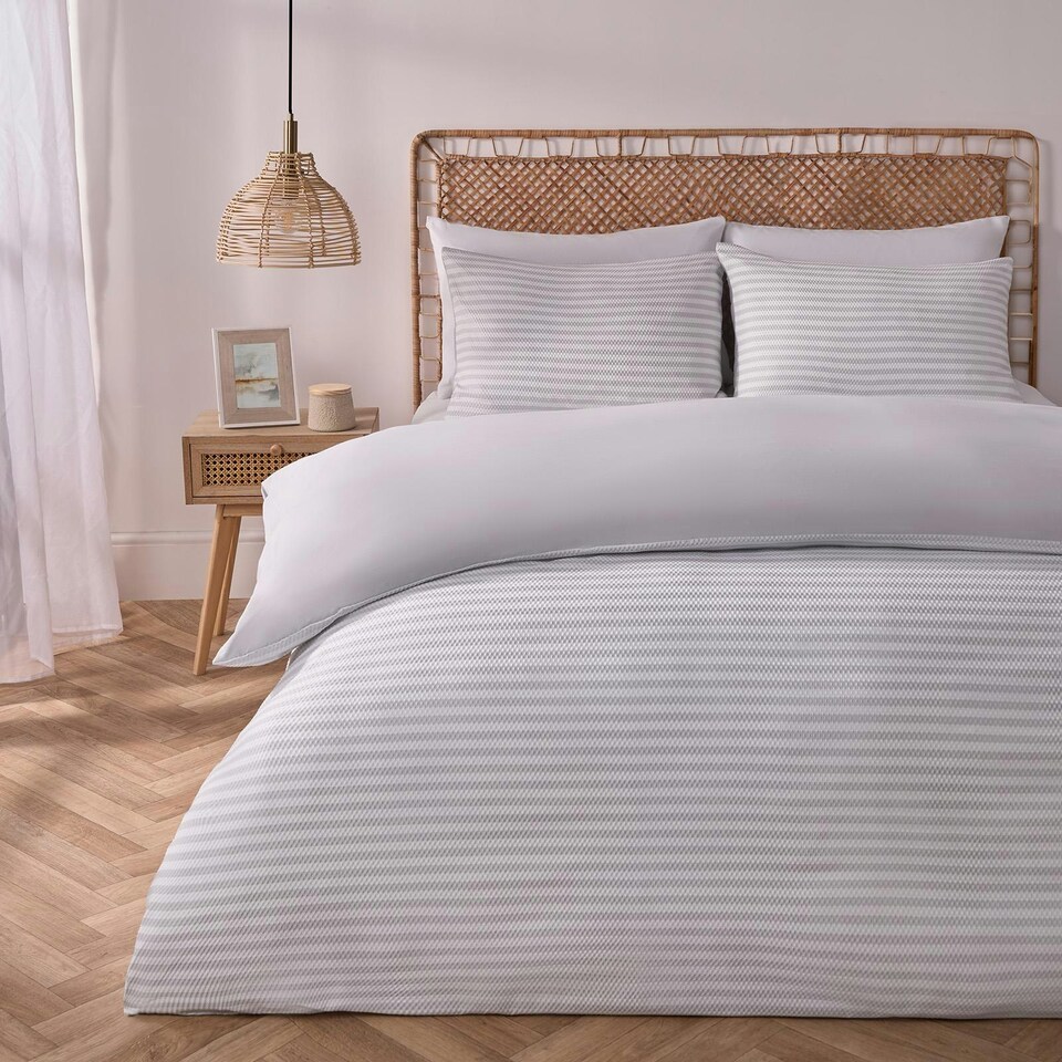 image 1 of OHS Stripe Embossed Duvet Cover and Pillowcase Bedding Set, Double - Grey